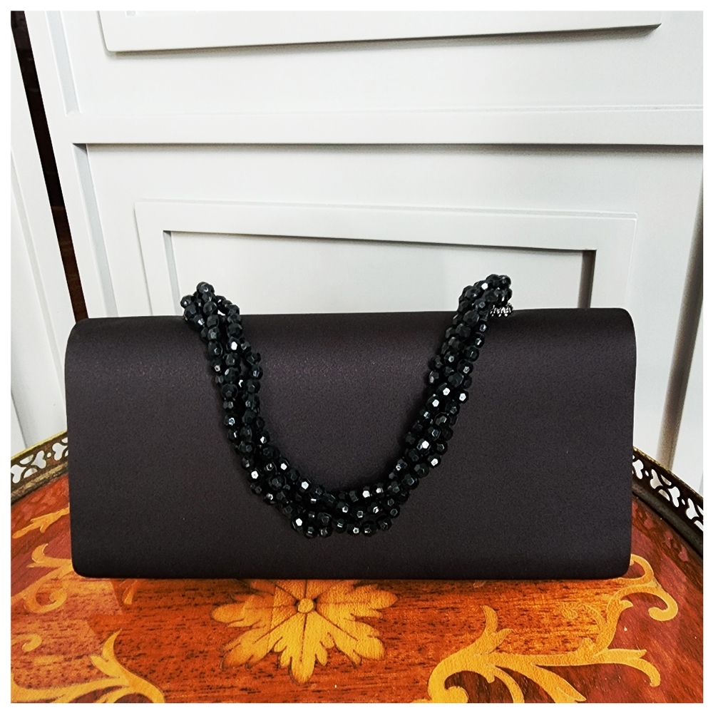 Elegant Black Satin Vanessa Beaded Chain Evening Clutch